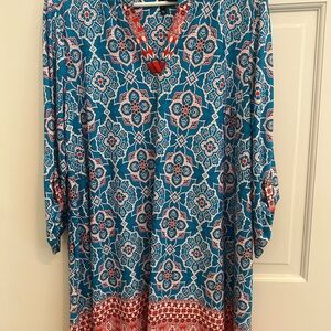 New Directions Blue and White Tunic with Mandarin Collar